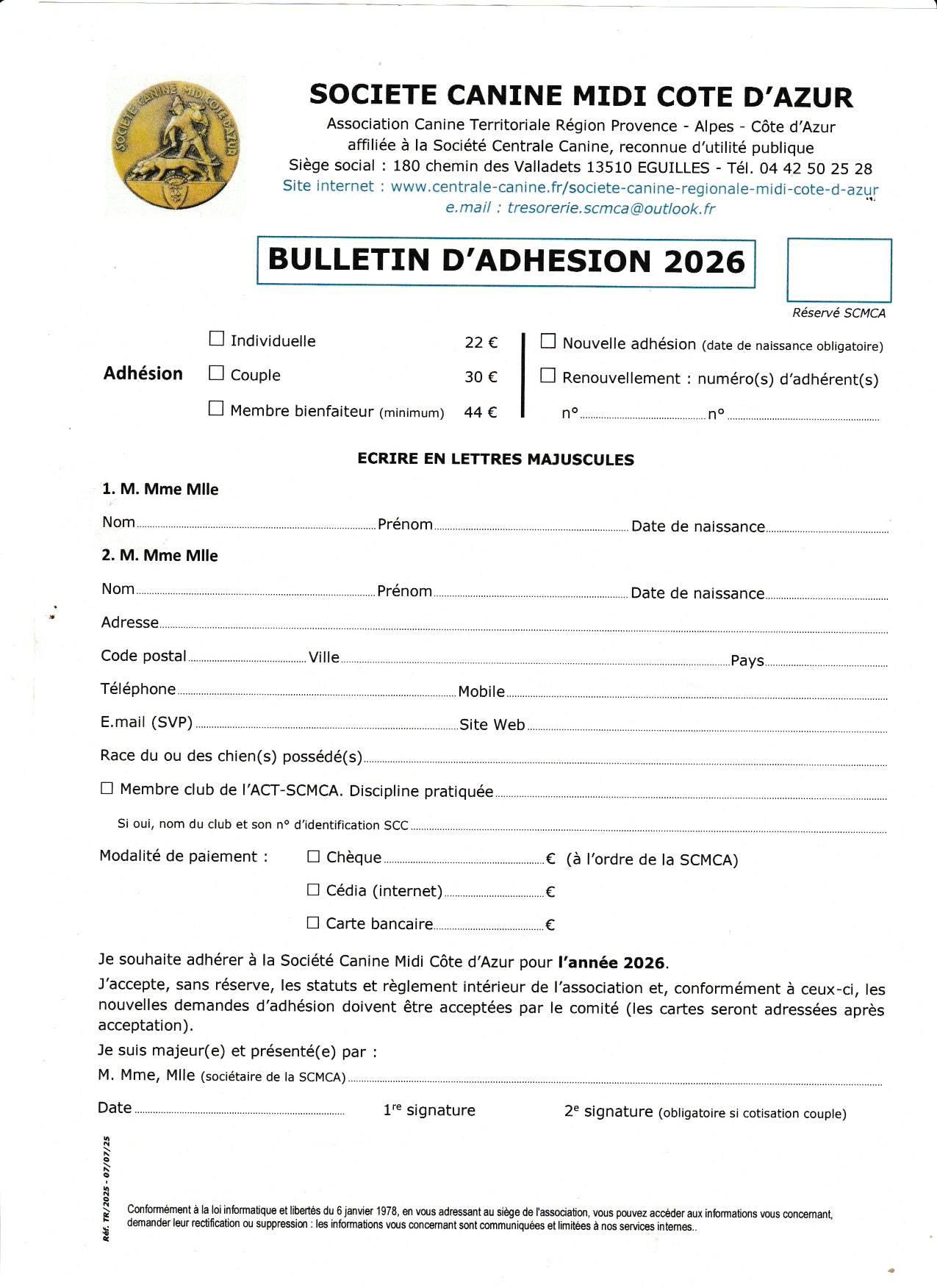Bulletin adhésion 2026